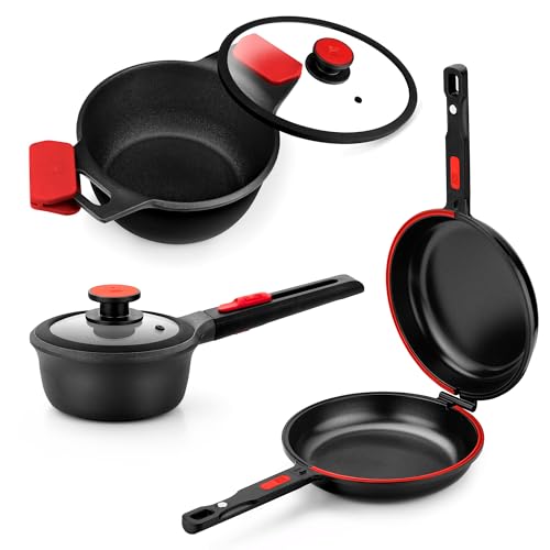 Image of BRA COOKWARE Premiere & Infinity 6-Piece Nonstick Cookware Set | Cast Aluminum Pots & Pans Set w / 1 Dual Skillet, 1 Pot, 1 Saucepan, 2 Lids | 3-Layer NonStick | All Stovetops | PFOA Free
