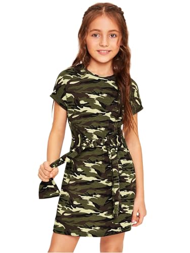 WDIRARA Girl's Camo Print Tie Front Round Neck Short Sleeve T Shirt Dress
