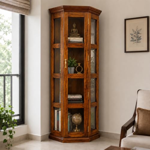 Image of SONA Art & Crafts Astro Sheesham Wooden Crockery Cabinet with Glass Door | Solid Wood Multipurpose Storage Cabinets for Living Room Home & Kitchen | Book Shelf Wooden - Natural Finish