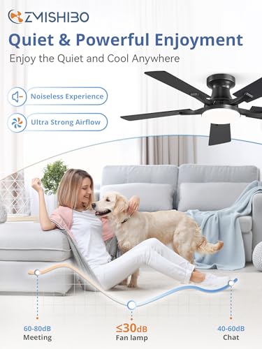 Image of ZMISHIBO 42 Inch Ceiling Fan with Light, App&Remote Control, Flush Mount Low Profile, Dimmable 20W LED Light, Quiet Reversible Motor for Bedroom, Living Room, Apartment, Black