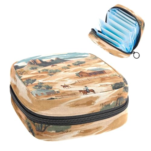 Period Bags for School, Sanitary Napkin Storage Bag for Feminine Pads, Wild Vintage Western Cowboys Mountain Landscape Ladies Menstrual Cup Pouch Sanitary Pads Organizer