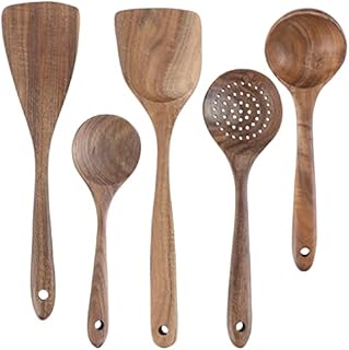 TsunNee 5PCS Non Scratch Wooden Kitchen Utensils Set, Japanese Style Cooking Utensils Set, Heat Resistant Utensils Set with Wood Spatula Cooking Spoons for Non-Stick Pans