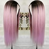 CIMITIKI Long Pastel Pink Straight Rainbow Wig Ombre Pinkish Mixed Purple 13x4 Lace Front Wigs Highlight Rose Pink Synthetic Hair 22Inch for Women Girls
