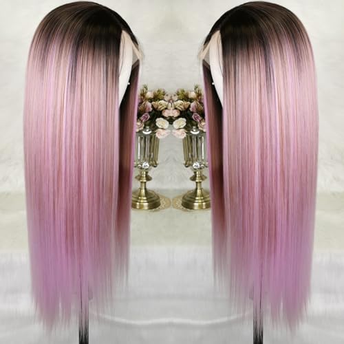 CIMITIKI Long Pastel Pink Straight Rainbow Wig Ombre Pinkish Mixed Purple 13x4 Lace Front Wigs Highlight Rose Pink Synthetic Hair 22Inch for Women Girls