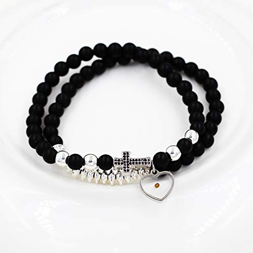 Uloveido White Black Beaded Natural Stone Bracelet, CZ Pave Side Cross Bangle Bracelets Stack Adjustable, Mustard Seed Beaded Jewelry (White) - Image 5