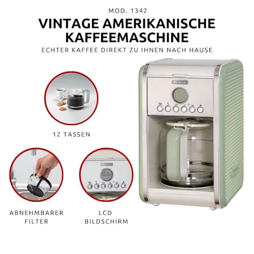 Ariete Vintage 1342 Retro Americano-Kaffeemaschine, Hartglaskaraffe, bis zu 12 Tassen, 24-Stunden-Timer, Auto-Abschaltung, Anti-Drip-Funktion, beheizte Platte, 1,5 L Fassungsvermögen, 2000 W, Grün – Bild 4