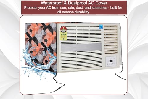 Image of The Furnishing Tree Window AC Cover for 1.5 Ton capacity PVC Waterproof and Dustproof Chekered Pattern Orange