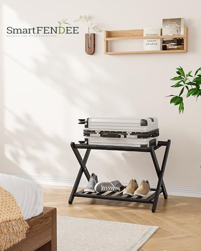 2 Packs Fully Assembled Black Bamboo Luggage Racks with Shoe Shelf, 5 Straps Folding Suitcase Stand, Heavy Duty Luggage Holders for Guest Room, Bedroom, Hotel