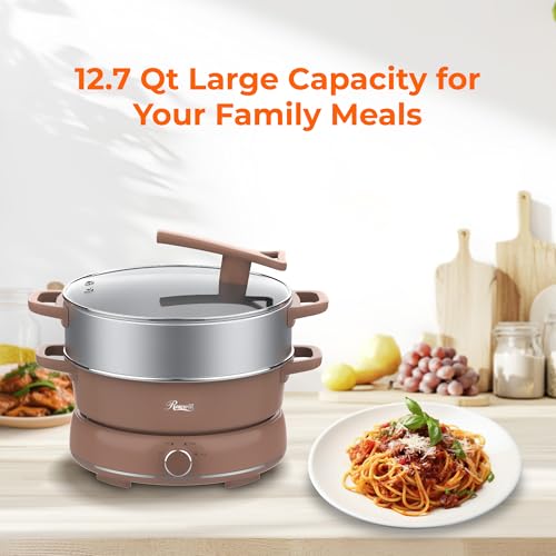 Image of Rosewill 12.7 QT Electric Hot Pot Slow Cooker with Multiple Functions, Split Design with 11.8 inch Wider Cooking Pot and SUS Steam Basket, 1600W High Power, Includes Utensils - Mocha