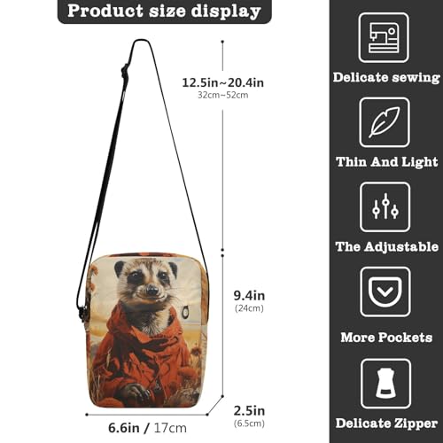 Crossbody Sling Bag for Women Men, Zipper Closure Messenger Bags Meerkat Wild Field Print with Card Phone Passport Compartment 6.6×9.4×2.5 IN3