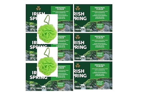 ODWIRA 6-Pack Deodorant Irish Bar Soap, Mild for skin, 12 hours small fresh, Spring Soap for Washing Face, Body, Hand, 4oz each (total 24 oz) + 1 shower Sponge made for Irish Spring Soap