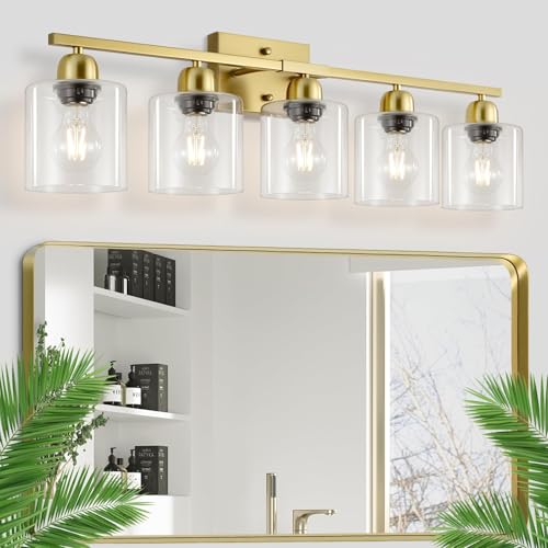 Image of Modern Brushed Gold 5 Light Bathroom Vanity Light,31 inch Vanity Lights for Bathroom with Clear Glass for Mirror Kitchen Living Room Hallway Cabinet Porch