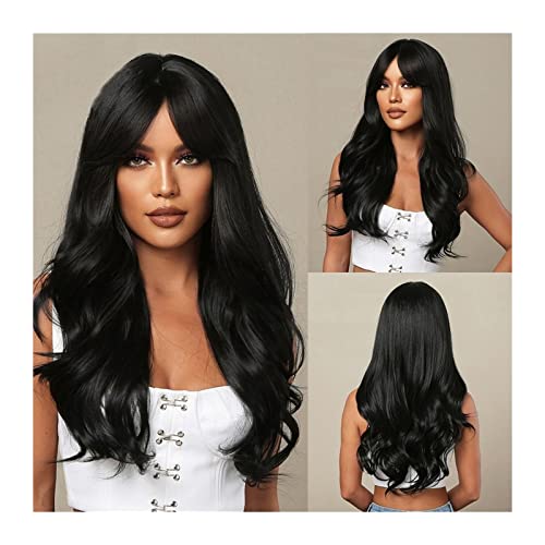 Perruque naturelle synthétique noire 71cm ondulée avec frange pour femme