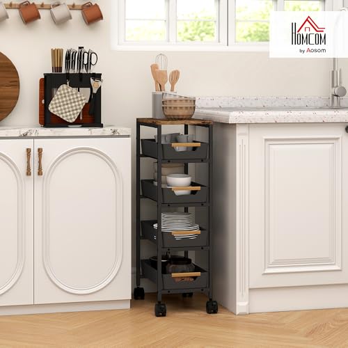 HOMCOM Carro de Cocina de Almacenamiento de 5 Niveles Carrito Auxiliar con Ruedas Tablero Efecto Madera y 4 Cajones Extraíbles Carrito de Cocina para Comedor Salón 39,5x24x82 cm Negro - imagen 2