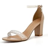 Ecetana Womens Sandals High Heels Open Toe Rhinestone Pearl Block Chunky Heeled Ankle Strap Dressy Sexy Shoes for Wedding Party