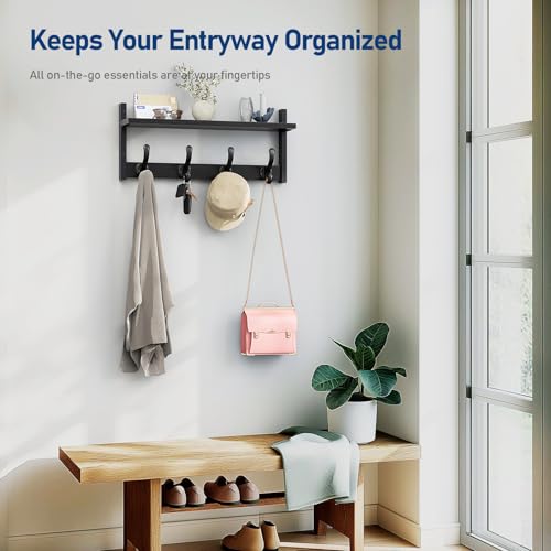 Image of Tatub 20 inch Rustic Coat Rack Wall Mount with Shelf, Wall Hooks with Shelf, Heavy Duty Entryway Organizer Hangers for Hanging, Hat, Bag, Jacket for Bathroom, Living Room, Bedroom, Black