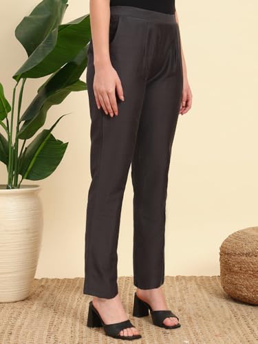 Image of Vogaan Women's Cotton Silk Pant | Half-Elasticated Waist Slim Fit Trouser for Women | Casual Pocket Pants for Office Formal Daily Use