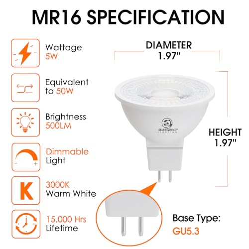 Energetic Dimmable MR16 5W 12V LED Light Bulb, 50W Halogen Equivalent, CRI 90+, GU5.3 Bi-Pin Base, 40 Degree Beam Angle, 3000K Warm White, 500LM, for Landscape, Recessed, Track Lighting, 12Pack by E ENERGETIC LIGHTING - Image 2
