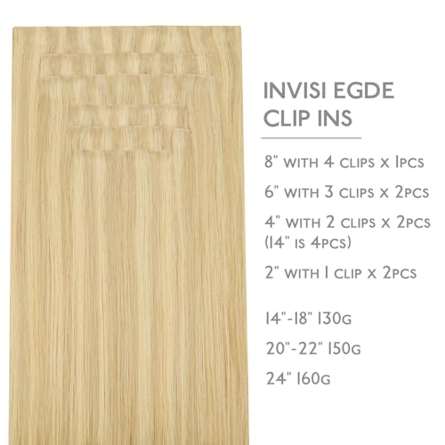Image of WENNALIFE Invisi Edge Clip in Hair Extensions Real Human Hair, 14 Inch 130g 9pcs Light Blonde Highlighted Golden Blonde Seamless Clip in Extensions Remy Hair Clip Ins Invisible PU Skin Weft Straight
