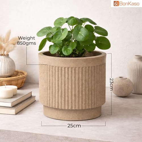 Image of Bonkaso 10 Inch Tokyo Plant Pot for Indoor & Outdoor Use | Lightweight Durable Polymer Flower Pot Gamla | UV & Weather Resistant Planter for Living Room, Balcony, Terrace & Garden (Beige)