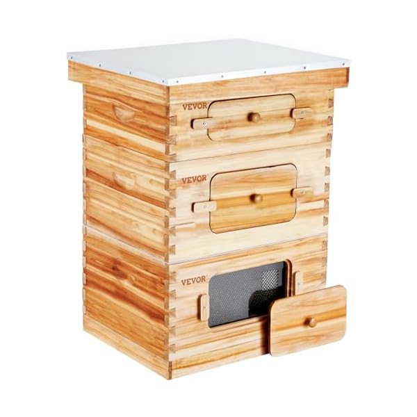 VEVOR Bee Hive 10 Frame Bee Hives Starter Kit, Beeswax Coated Fir Wood, 2 Deep + 1 Medium Bee Boxes Langstroth Beehive Kit, Transparent Acrylic Windows with Foundations for Beginners Pro Beekeepers