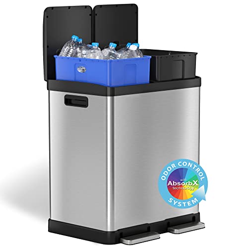 Itouchless Softstep 16 Gal Step Trash Can & Recycle Bin With Double Odor Control Systems, Stainless Steel, 2 X 8 Gallon (30L) Removable Color-Coded Buckets, Soft Close And Airtight Seal #TOP5