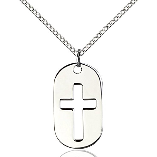 Bonyak Jewelry Sterling Silver Cross Dog Tag Pendant 7/8 x 1/2 inches with Sterling Silver Lite Curb Chain