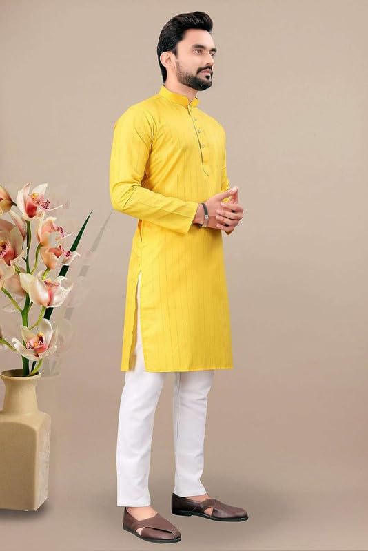 Image of FASHION GALLERY Men's Solid Pattern Polycotton Kurta with Long Sleeve Round Neck Knee Length and Pull On Closure Type|Men Kurta Pajama Set