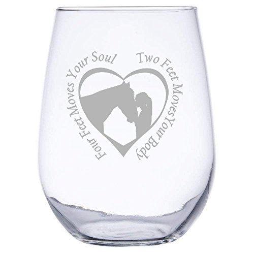 Two Feet Moves Your Body Four Feet Moves Your Soul by InkPonyArt MADE IN THE U.S.A 17 ounce Stemless Wine Glass with Girl and Horse in a Heart