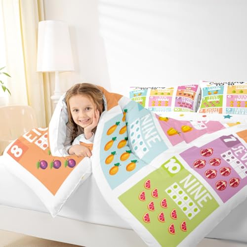 Image of Feelyou Kids Numbers Duvet Insert Full Size, Educational Comforter Set Boys Girls for Fruits Bedding Set Learning Teens Bedroom Decor with 2 Pillow Case