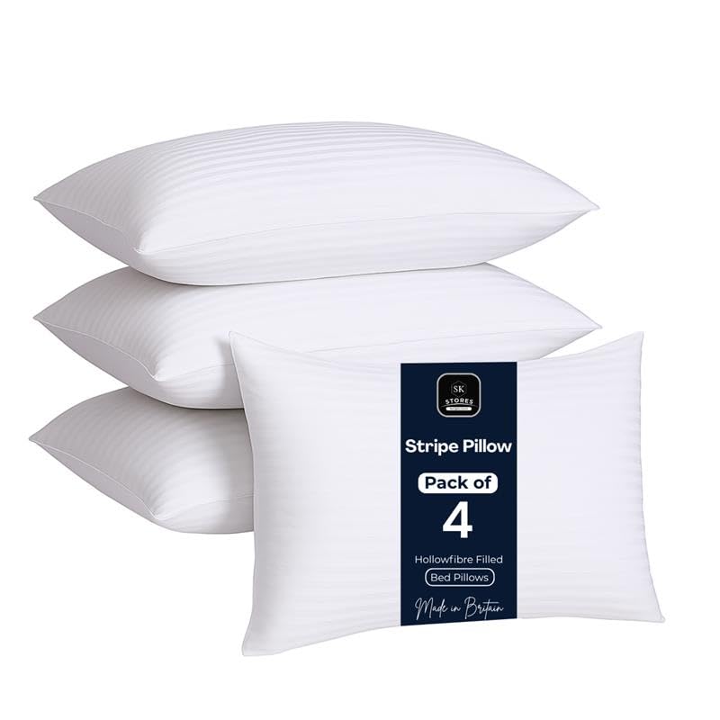 Pack of 4 Stripe Hotel Collection Bed Pillows – Original Down Alternative Pillows for Sleeping, Soft Support for Back, Stomach & Side Sleepers