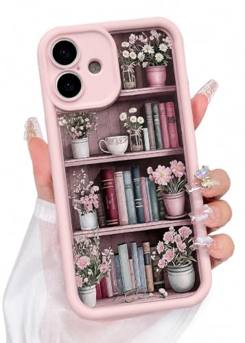 Image of VONZEE Cute Pink Book Shelf Back Cover for iPhone 13| Clear Shockproof TPU Protective Case | intage Library & Flower Shelf Pattern for Girls and Women