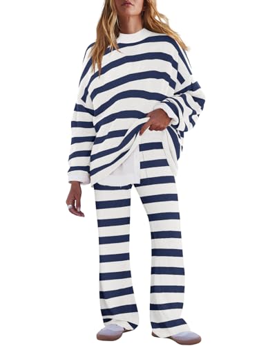 Image of LAMISSCHE Oversized Womens Lounge Set Striped Sweater Set Long Sleeve 2 Piece Pajama Set Top and Pants with Pockets