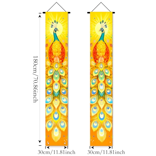 Image of Nuxovilar Peacock Outside Front Door Banners 12x71 Inches Polyester | Tropical Porch Sign, Hanging Decor Elegant Animal Banner, Feather Peacock Accent Patio, Porch, Entryway (Peacock Art)