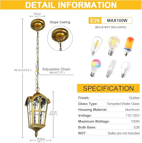 Gold Outdoor Pendant Light for Porch Patio Garden Yard, Anti-Rust Aluminium Exterior Hanging Light Fixtures, Outside Vintage Hanging Ceiling Outdoor Pendant Lamp Height Adjustable, 2pack