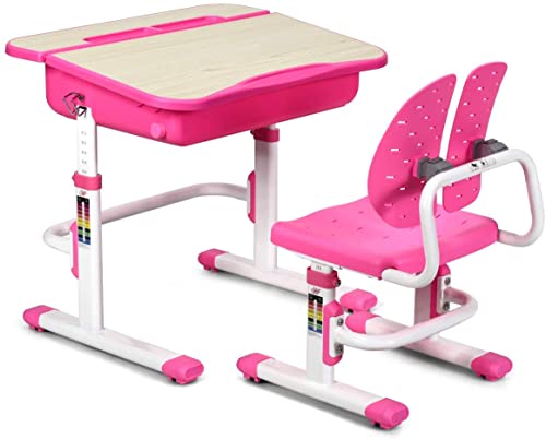 HONEY JOY Kids Desk and Chair Set, Children Study Table and Chair Set for School & Home, Height Adjustable Child Writing Desk Set w/Lumbar Support, Tilted Desktop, Study Workstation for Boy Girl(Pink)