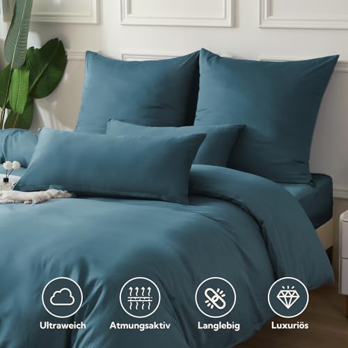 SOULFUL Satin Bettwäsche 200x200 Baumwolle Kühlend, Oeko-Tex, Pfauenblau – Ansicht 2