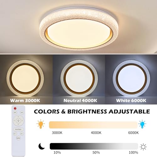 BOYKIM Crystal Ceiling Light with Remote,48W 19.7'' 3 Color Dimmable Gold Decorative Flush Mount LED Lighting Fixture for Living Room Dining Room Bedroom Kitchen Hallway（50CM）