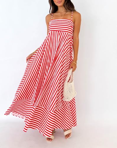 Image of KMBANGI Women Striped Sleeveless Maxi Dress Swing Patchwork Midi Dress Smocked Spaghetti Strap Colorful Long Sundress
