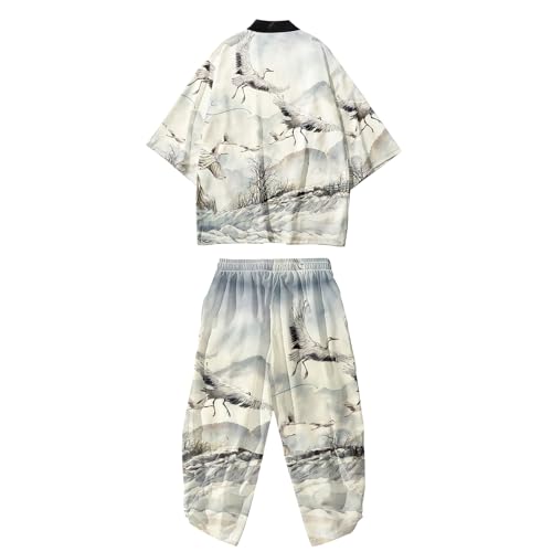 Image of DOSLAVIDA Men's Japanese Kimono Cardigan Suit Chinese Style Printed Jacket Pants Set Open Front Seven Sleeve Top & Shorts