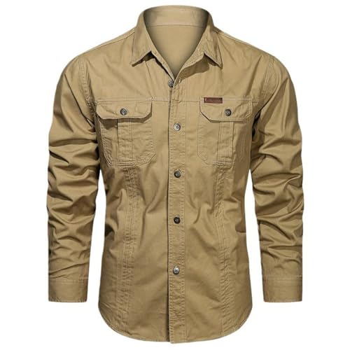 Chemise manches longues homme coton délavé multipoches solide