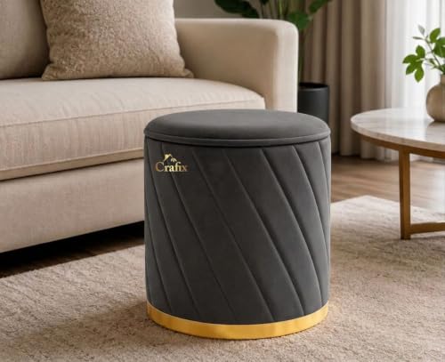 Image of Luxury Velvet Ottoman Stool for Living Room & Bedroom | Premium Round Pouffe with Gold Metal Base | Modern Footrest, Extra Seating & Home Decor (Grey)