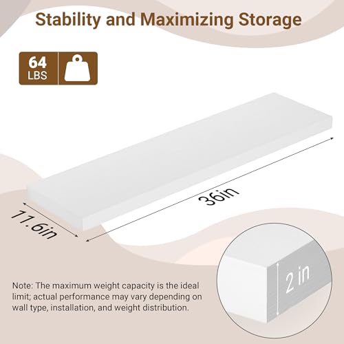 Image of 36 Inch Floating Shelves, 12 Inch Deep Floating Shelves for Wall, Extra Deeper & Thicker Wooden Wall Shelf with Invisible Brackets, Shelf for Bedroom Living Room Home Decor(White, Set of 2)