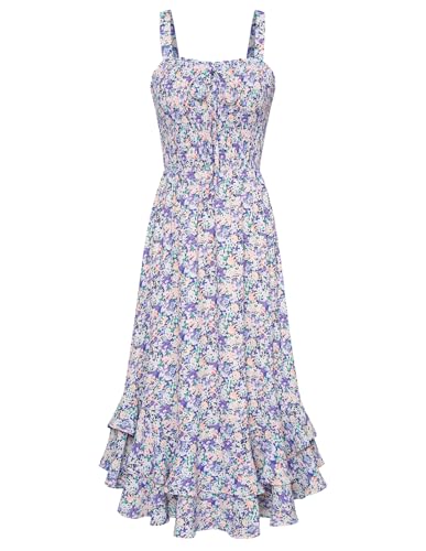 GRACE KARIN Women Summer Floral Maxi Dress Squar Neck Chiffon A Line Strappy Smocked Beach Dress Purple Floral L