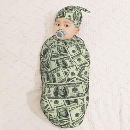 Image of Us Dollar Money Newborn Swaddle Blankets Hat Sets Soft Baby Receiving Blanket Swaddle Sack for Baby Shower Infant Boy Girl Gift