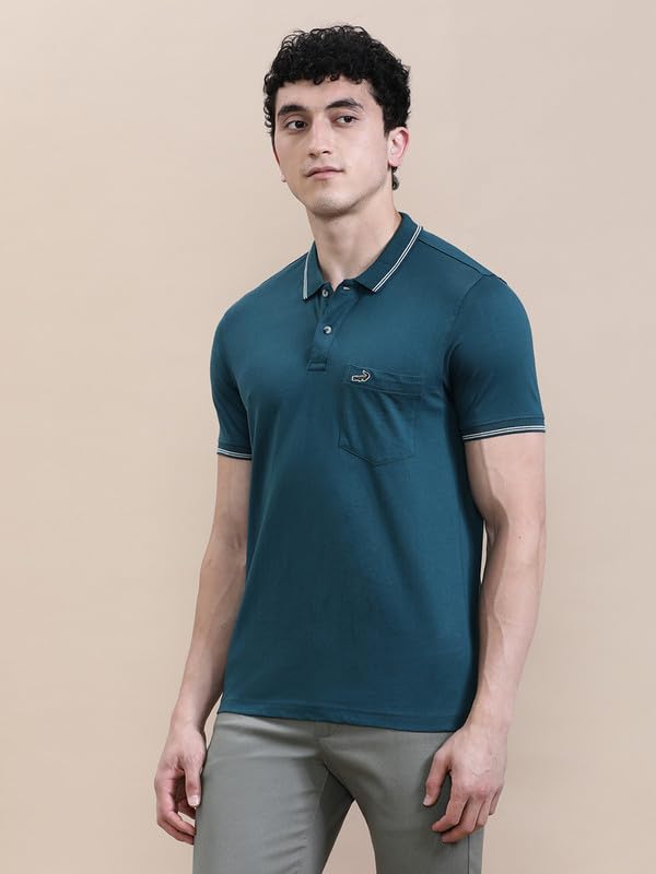 Image of CROCODILE Men Solid Slim Fit Polo T-Shirt | Regular Length | Short Sleeve | Button Placket | Casual Knitted Topwear