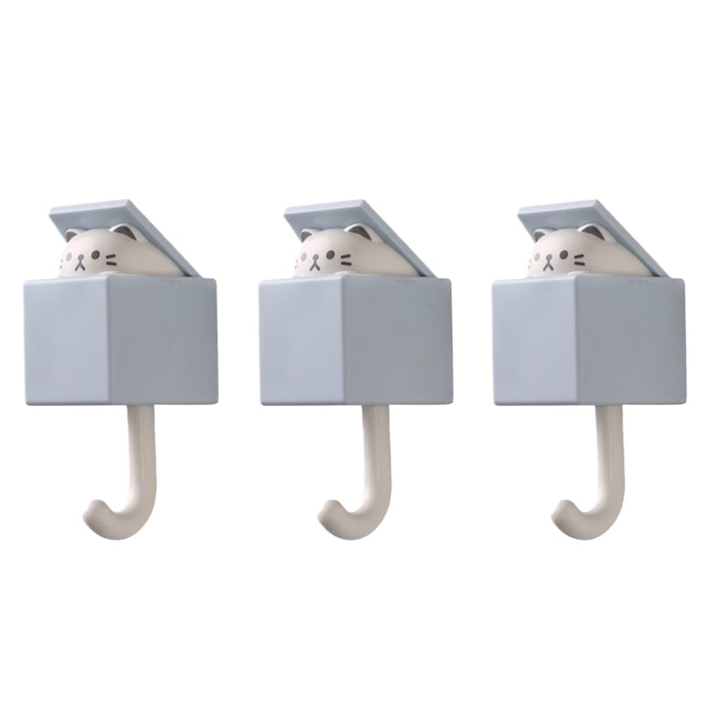 Dazhua Gray Blue-3Pcs 3Pcs Cute Cartoon Cat Self-Adhesive Wall Hooks - Animal Shape Door Hanger For Keys, Umbrellas, Towels And Hats(Gray Blue-3Pcs)