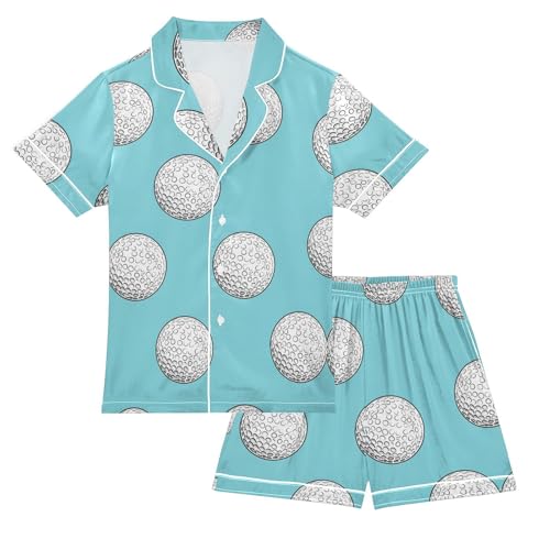 Satin Pajama Sets Short Sleeve Golf Balls on Blue Button Down Silky Nightwear 2 Piece PJS 5-14Y
