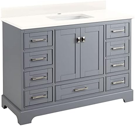 Signature Hardware 480677 Quen 48" Free Standing Single Vanity Set with Wood Cabinet, Vanity Top and Rectangular Undermount Vitreous China Sink - Single Faucet Hole - Gray/Arctic White