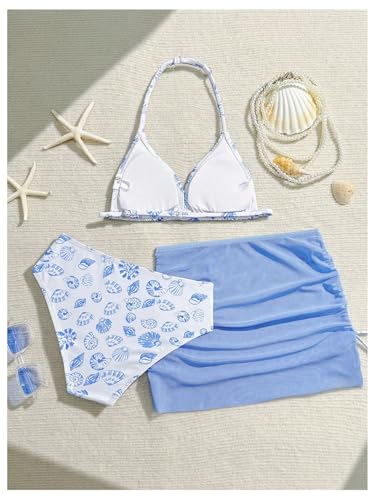 Image of RoseSeek Girl's 3 Piece Cute Bowknot Bathing Suit Halter Triangle High Waisted Swimsuit with Beach Cover Up Skirt